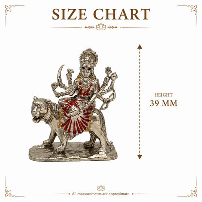 Maa Durga Murti on Lion | Premium Brass Idol with Silver Finish | Durga Mata Statue for Home Temple (39 MM)