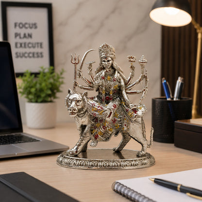 Maa Durga Idol in Brass with Silver Finish | Sherawali Mata Murti for Home Temple, Office & Car Dashboard (94mm)