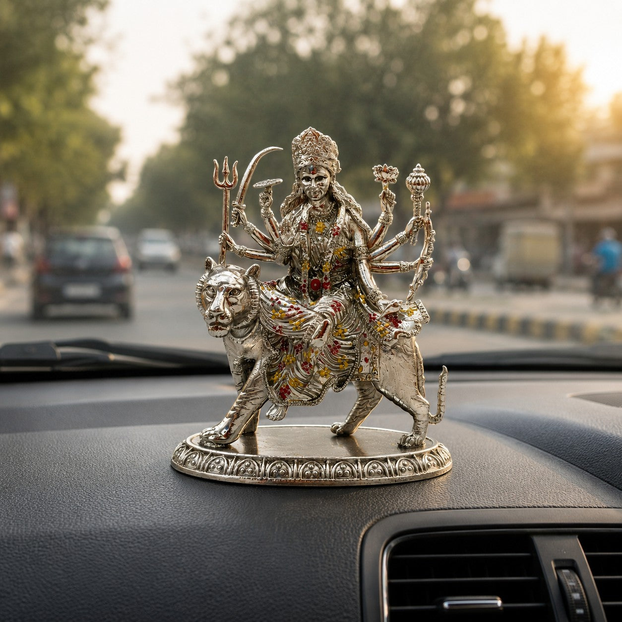 Maa Durga Idol in Brass with Silver Finish | Sherawali Mata Murti for Home Temple, Office & Car Dashboard (94mm)