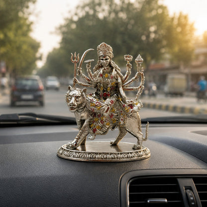Maa Durga Idol in Brass with Silver Finish | Sherawali Mata Murti for Home Temple, Office & Car Dashboard (94mm)