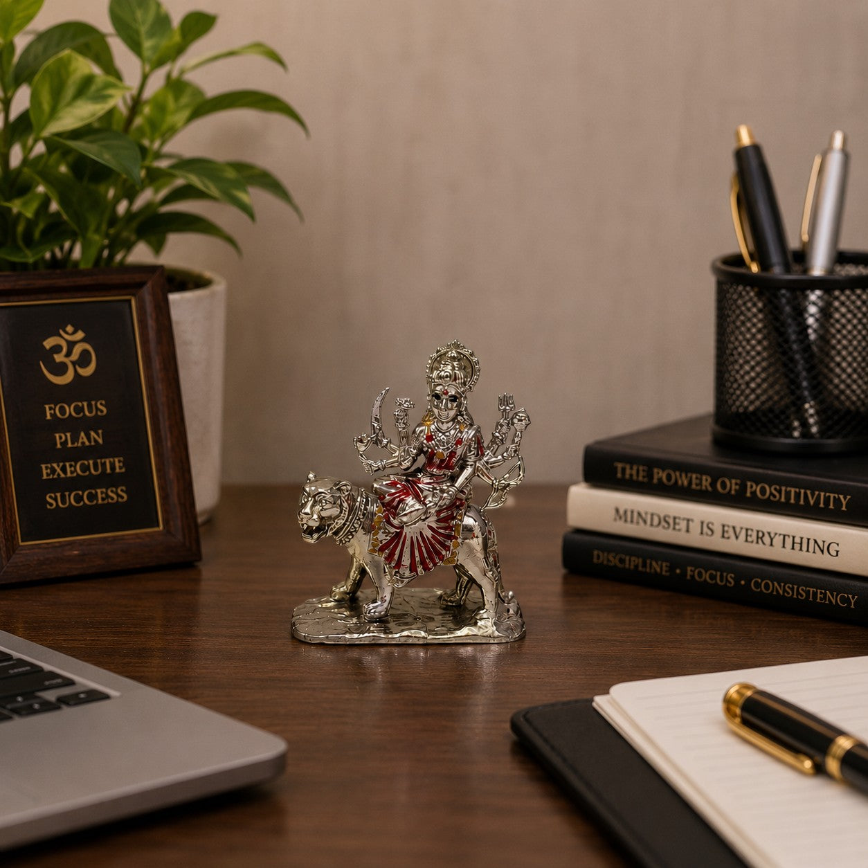 Maa Durga Murti on Lion | Premium Brass Idol with Silver Finish | Durga Mata Statue for Home Temple (39 MM)