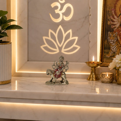Maa Durga Murti on Lion | Premium Brass Idol with Silver Finish | Durga Mata Statue for Home Temple (39 MM)