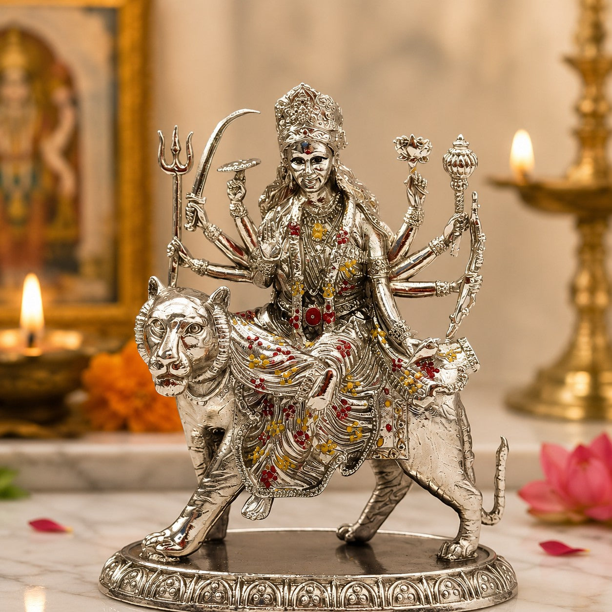 Maa Durga Idol in Brass with Silver Finish | Sherawali Mata Murti for Home Temple, Office & Car Dashboard (94mm)