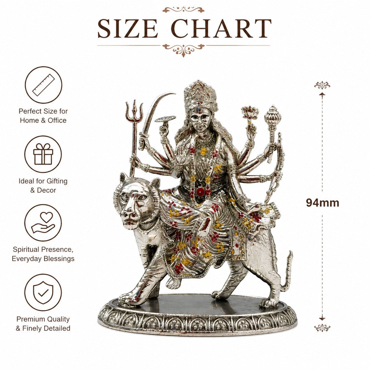 Maa Durga Idol in Brass with Silver Finish | Sherawali Mata Murti for Home Temple, Office & Car Dashboard (94mm)