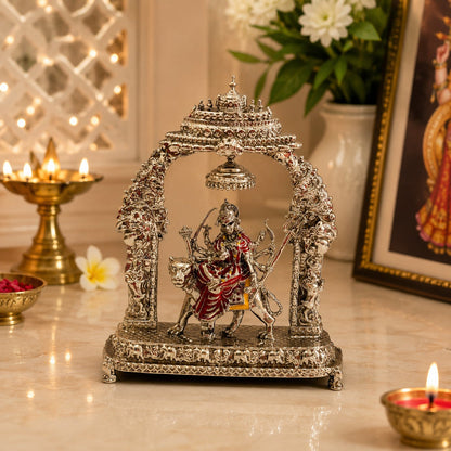 Maa Durga Darbar Idol | Premium Brass Idol with Silver Finish | Decorative Temple Frame Murti