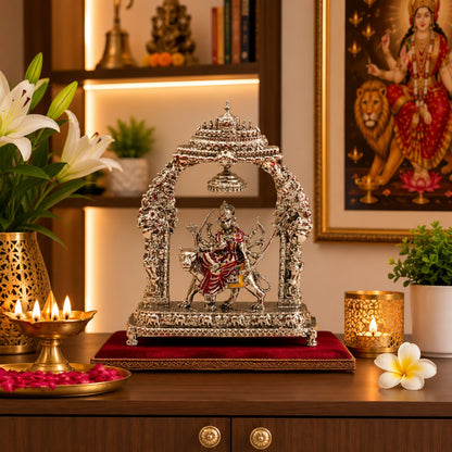 Maa Durga Darbar Idol | Premium Brass Idol with Silver Finish | Decorative Temple Frame Murti