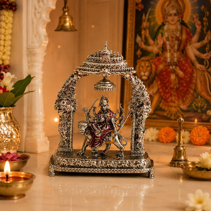 Maa Durga Darbar Idol | Premium Brass Idol with Silver Finish | Decorative Temple Frame Murti