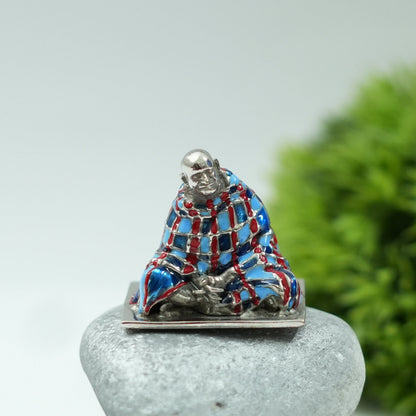 Neem Karoli Baba With Blanket in Silver Finish Hand-Painted Brass Idol | Guru Ji Murti