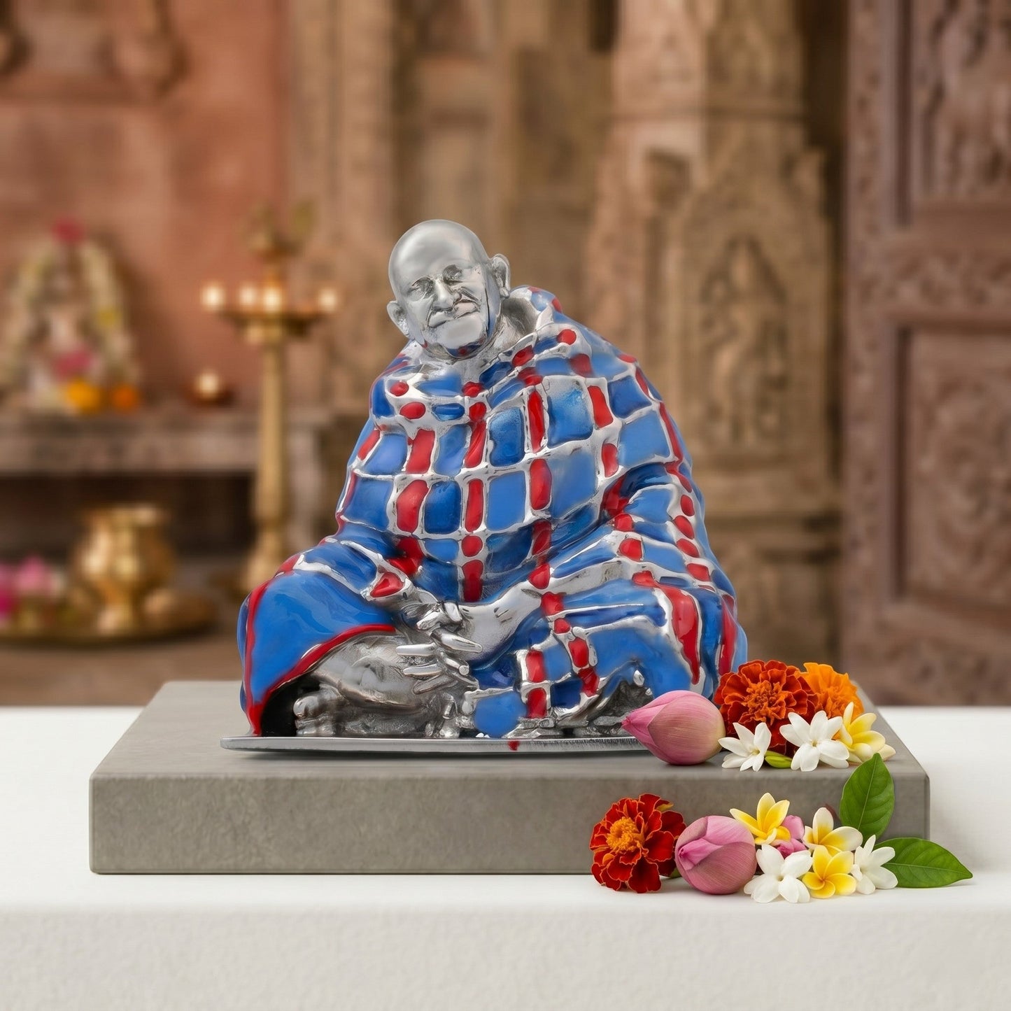 Neem Karoli Baba With Blanket in Silver Finish Hand-Painted Brass Idol | Guru Ji Murti