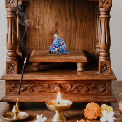 Neem Karoli Baba With Blanket in Silver Finish Hand-Painted Brass Idol | Guru Ji Murti