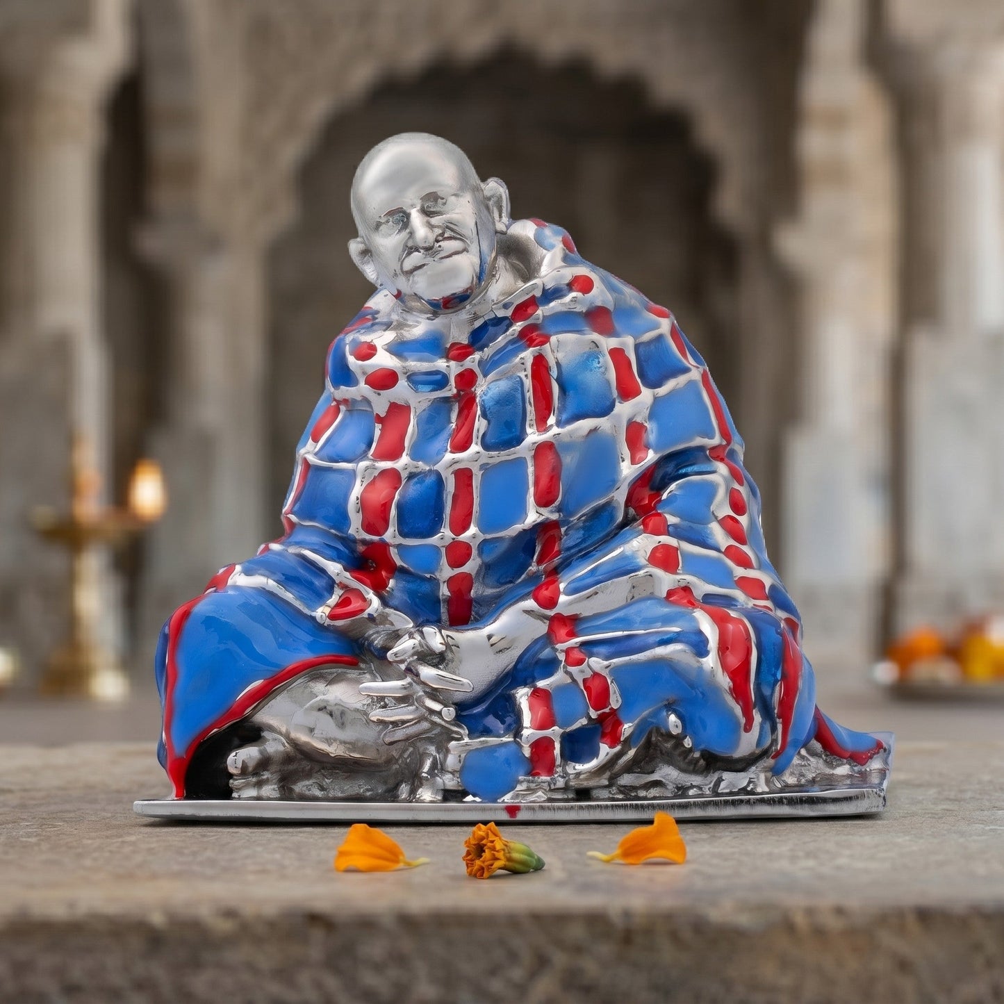 Neem Karoli Baba With Blanket in Silver Finish Hand-Painted Brass Idol | Guru Ji Murti