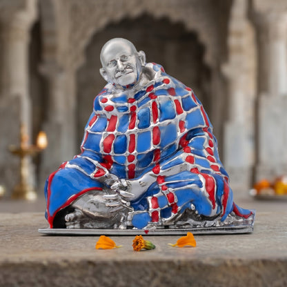 Neem Karoli Baba With Blanket in Silver Finish Hand-Painted Brass Idol | Guru Ji Murti