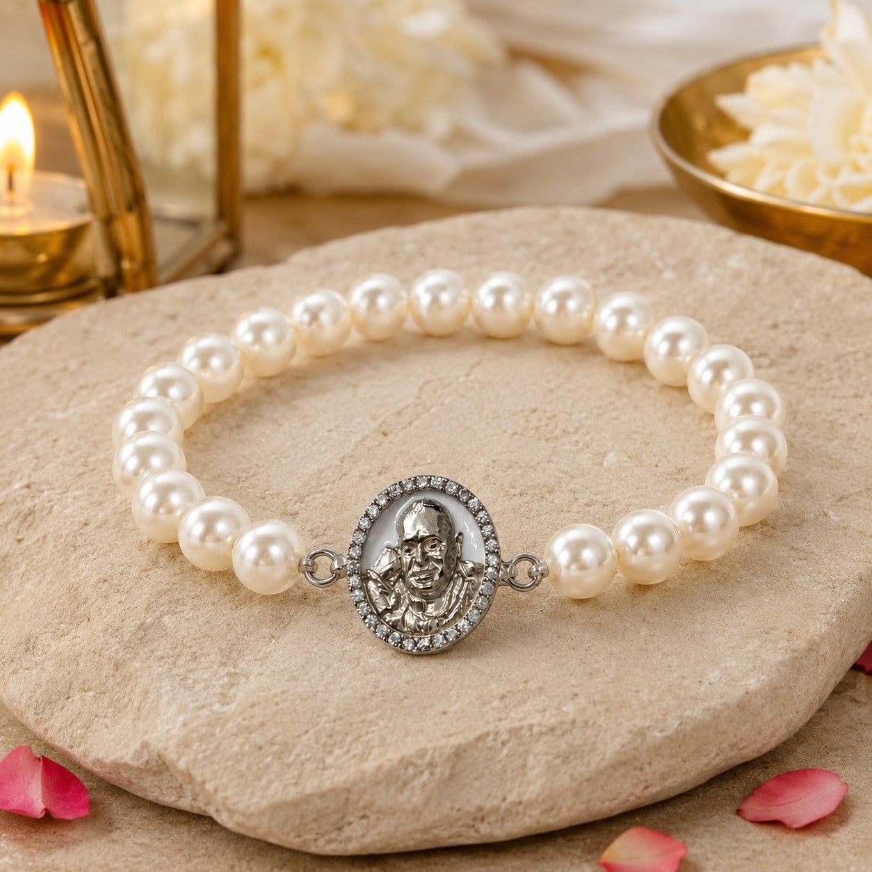 Shukrana Guru Ji Pearl Bracelet | Bade Mandir Guru Ji Brass Charm with Silver Finish