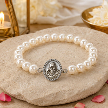 Shukrana Guru Ji Pearl Bracelet | Bade Mandir Guru Ji Brass Charm with Silver Finish