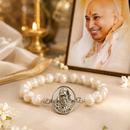 Shukrana Guru Ji Pearl Bracelet | Bade Mandir Guru Ji Brass Charm with Silver Finish