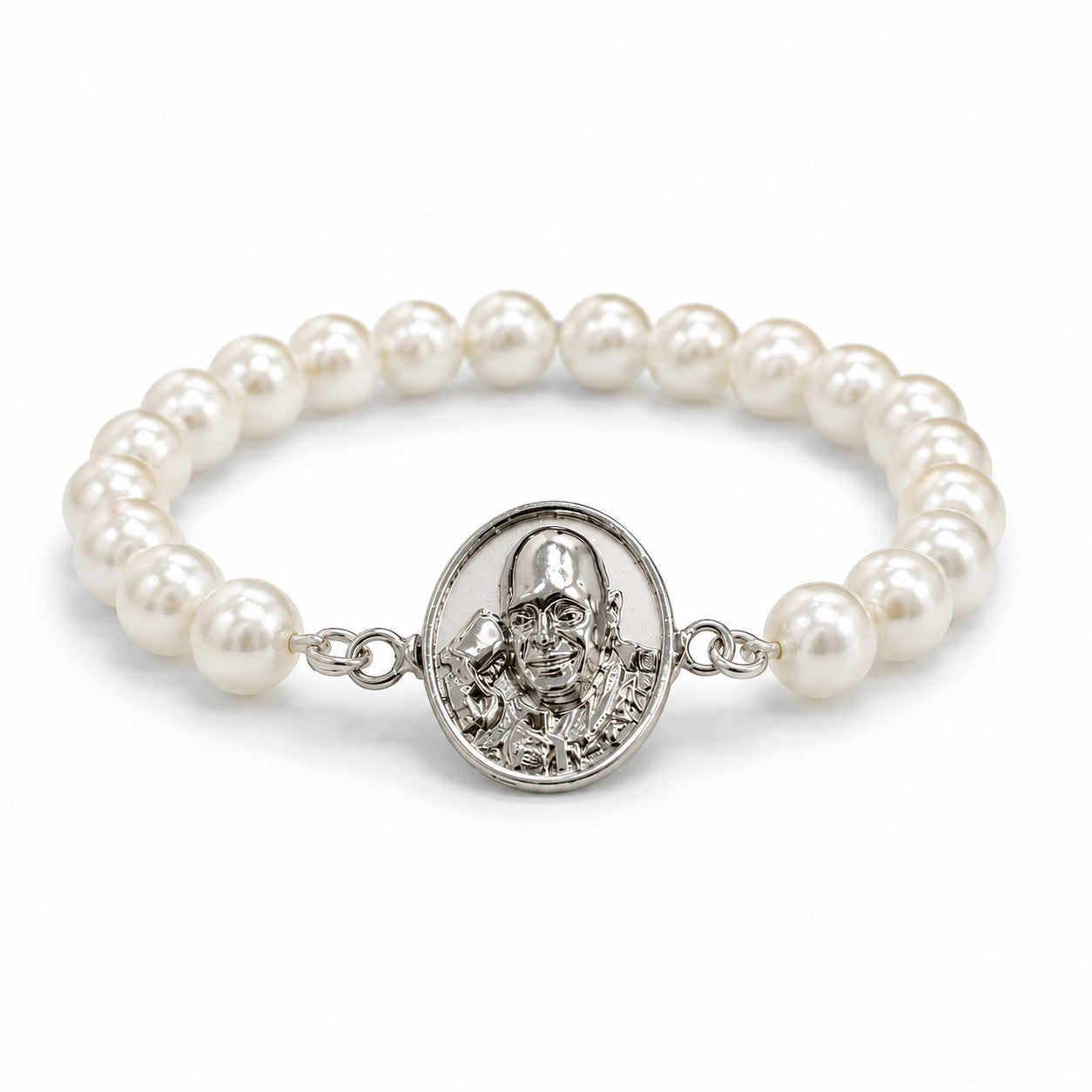 Shukrana Guru Ji Pearl Bracelet | Bade Mandir Guru Ji Brass Charm with Silver Finish