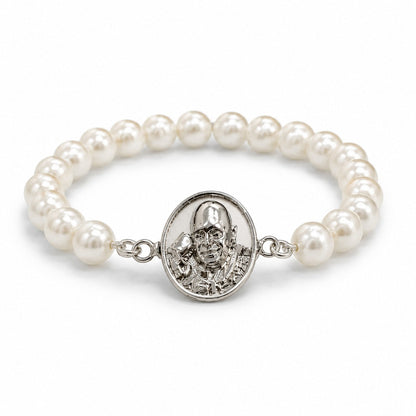 Shukrana Guru Ji Pearl Bracelet | Bade Mandir Guru Ji Brass Charm with Silver Finish