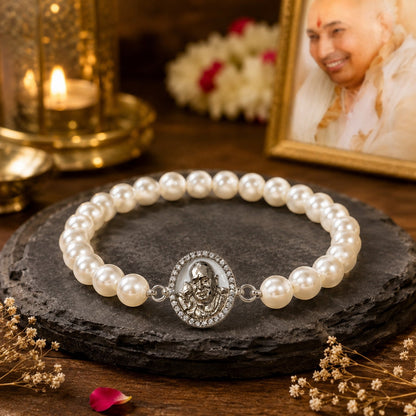 Shukrana Guru Ji Pearl Bracelet | Bade Mandir Guru Ji Brass Charm with Silver Finish
