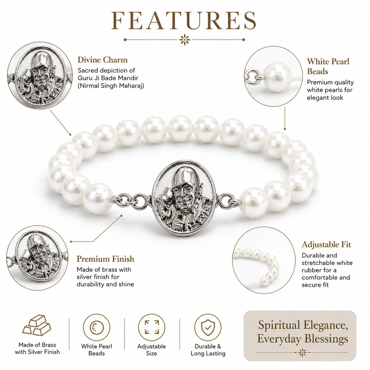 Shukrana Guru Ji Pearl Bracelet | Bade Mandir Guru Ji Brass Charm with Silver Finish