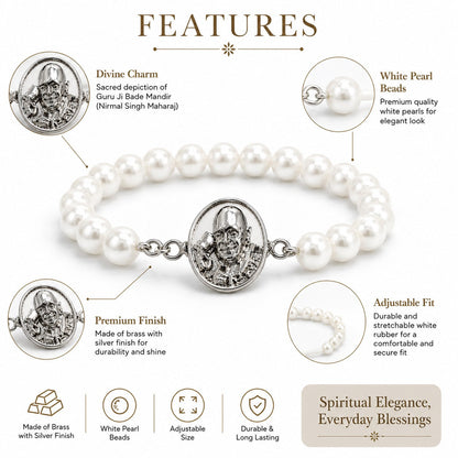 Shukrana Guru Ji Pearl Bracelet | Bade Mandir Guru Ji Brass Charm with Silver Finish