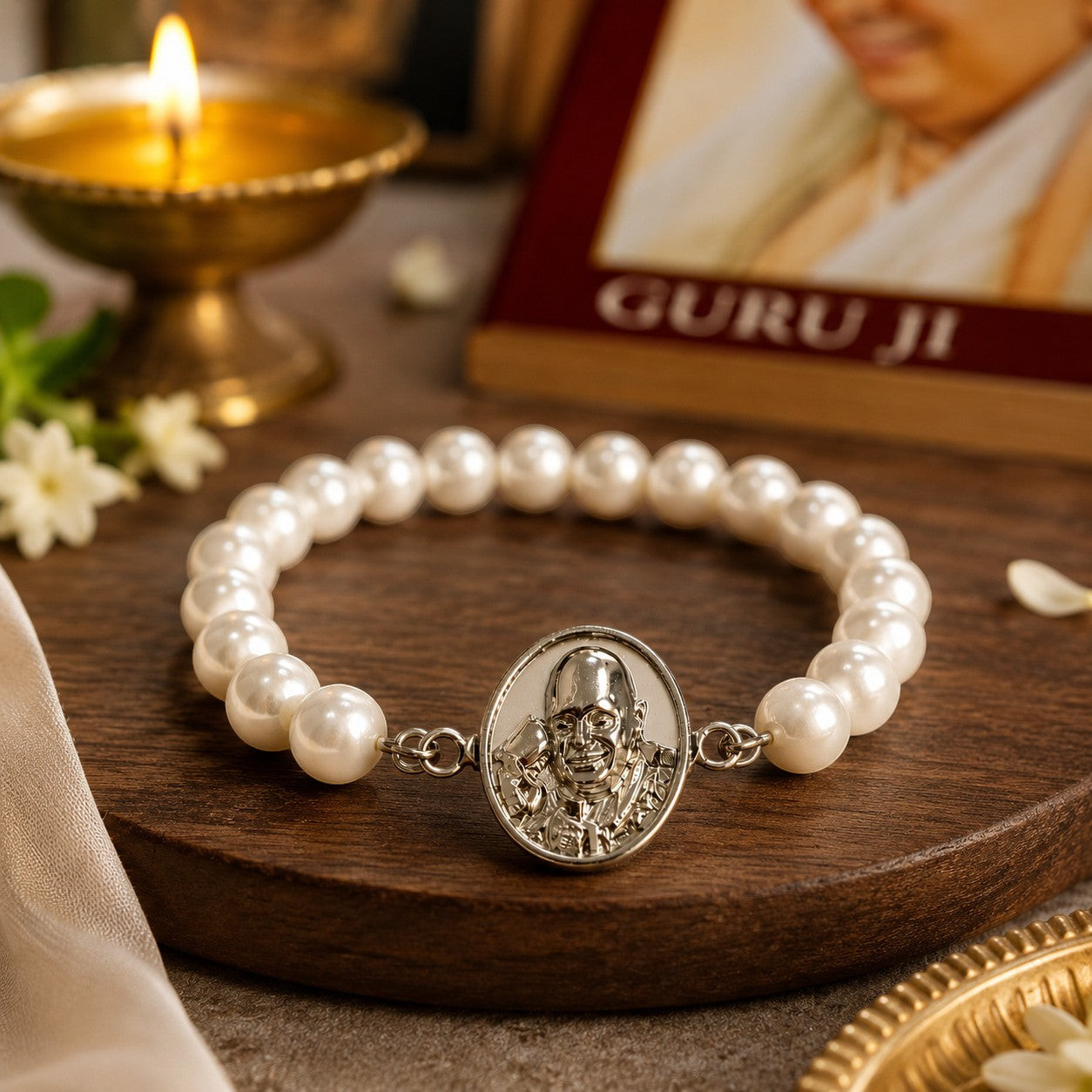 Shukrana Guru Ji Pearl Bracelet | Bade Mandir Guru Ji Brass Charm with Silver Finish