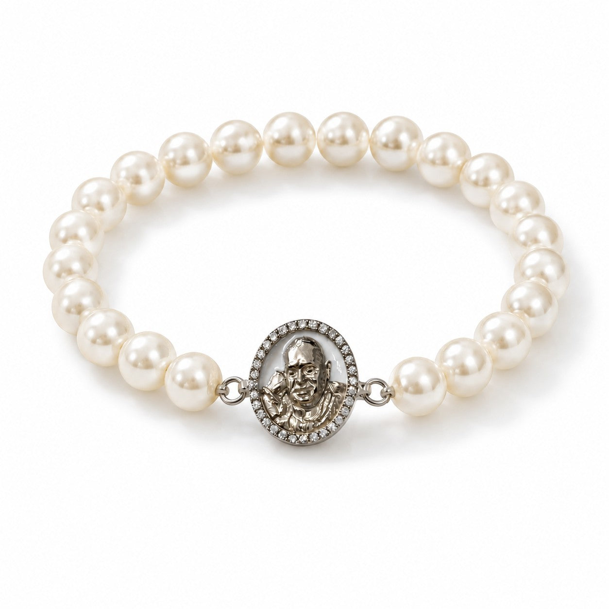 Shukrana Guru Ji Pearl Bracelet | Bade Mandir Guru Ji Brass Charm with Silver Finish