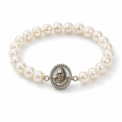 Shukrana Guru Ji Pearl Bracelet | Bade Mandir Guru Ji Brass Charm with Silver Finish