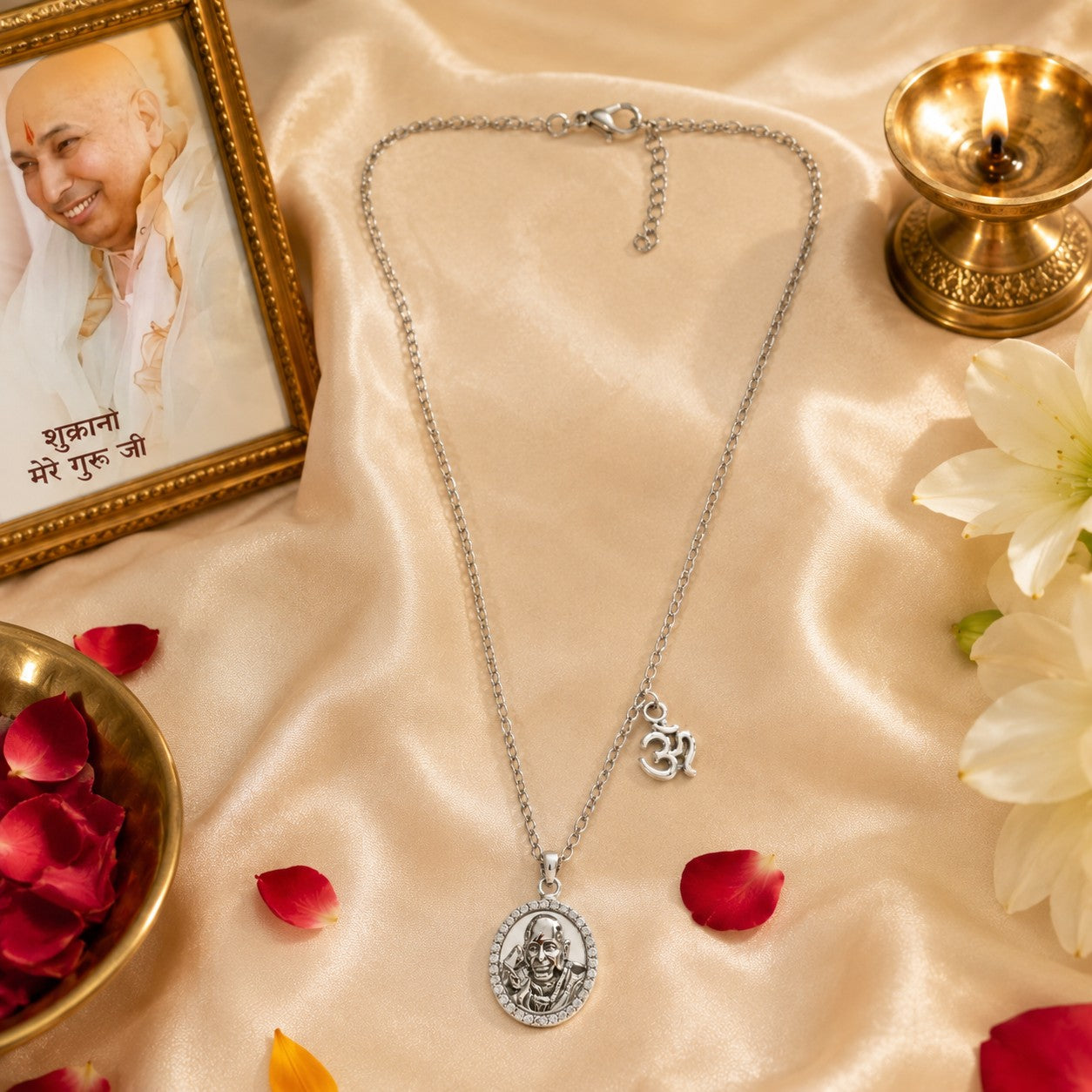 Guru Ji Bade Mandir Pendant with OM Charm Chain | Brass with Premium Silver Finish | 18 Inch Devotional Necklace | Unisex Spiritual Pendant