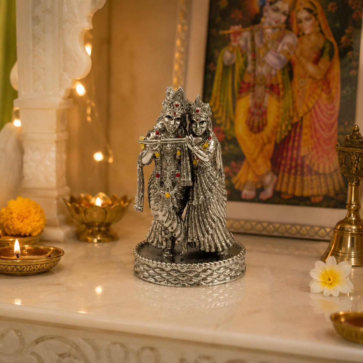 Radha Krishna Idol | Premium Brass Idol with Silver Finish | Divine Love & Harmony Murti