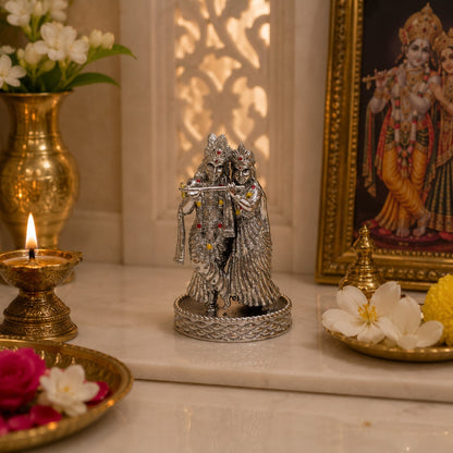 Radha Krishna Idol | Premium Brass Idol with Silver Finish | Divine Love & Harmony Murti