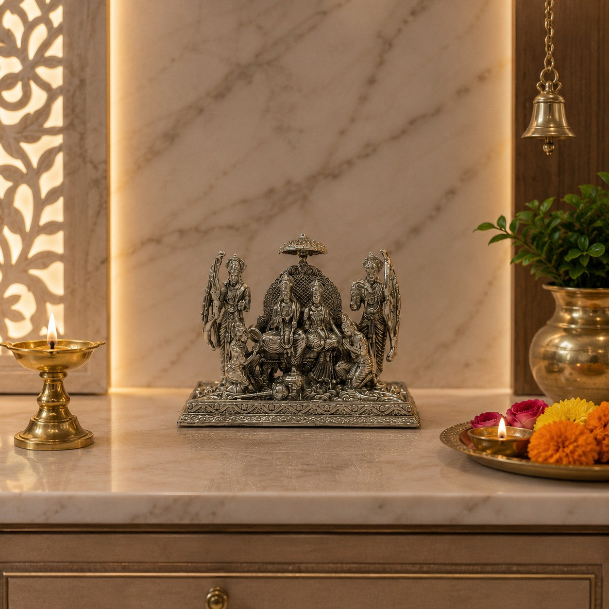 Ram Darbar Idol | Premium Brass Murti with Silver Finish | Lord Ram, Sita, Lakshman & Hanuman Statue