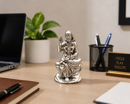 Shirdi Sai Baba Idol | Premium Brass Murti with Silver Finish | Sai Baba Statue for Home Temple