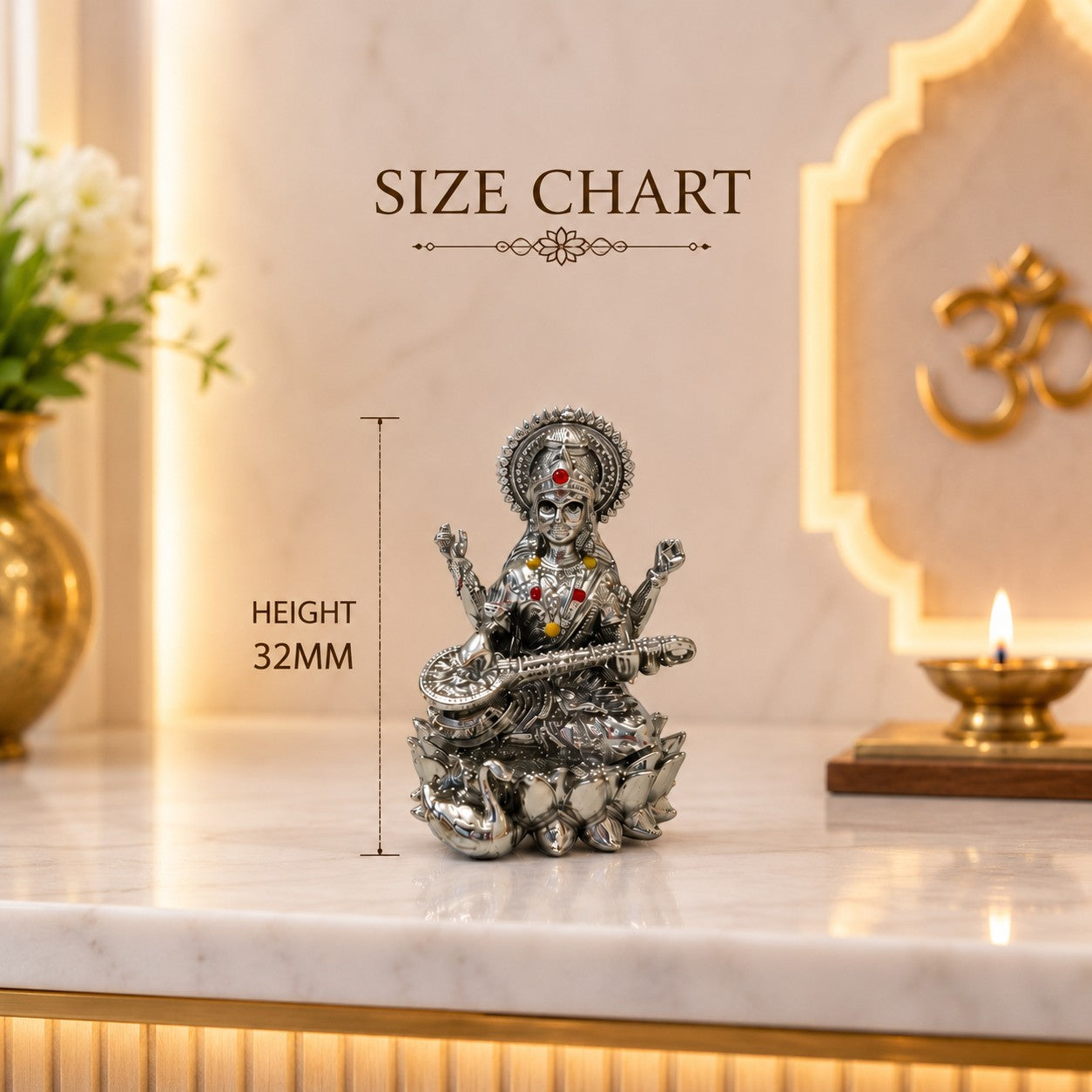 Maa Saraswati Idol | Premium Brass Idol with Silver Finish | Goddess of Knowledge & Wisdom Murti