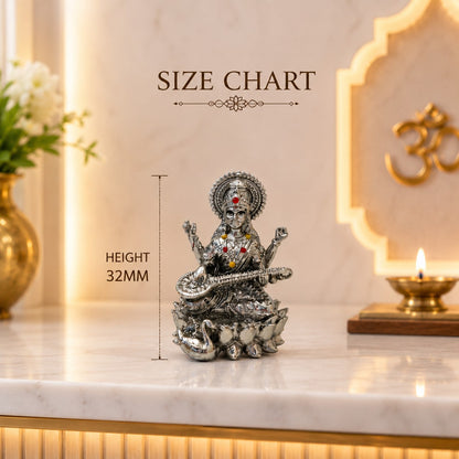 Maa Saraswati Idol | Premium Brass Idol with Silver Finish | Goddess of Knowledge & Wisdom Murti
