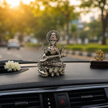 Maa Saraswati Idol | Premium Brass Idol with Silver Finish | Goddess of Knowledge & Wisdom Murti