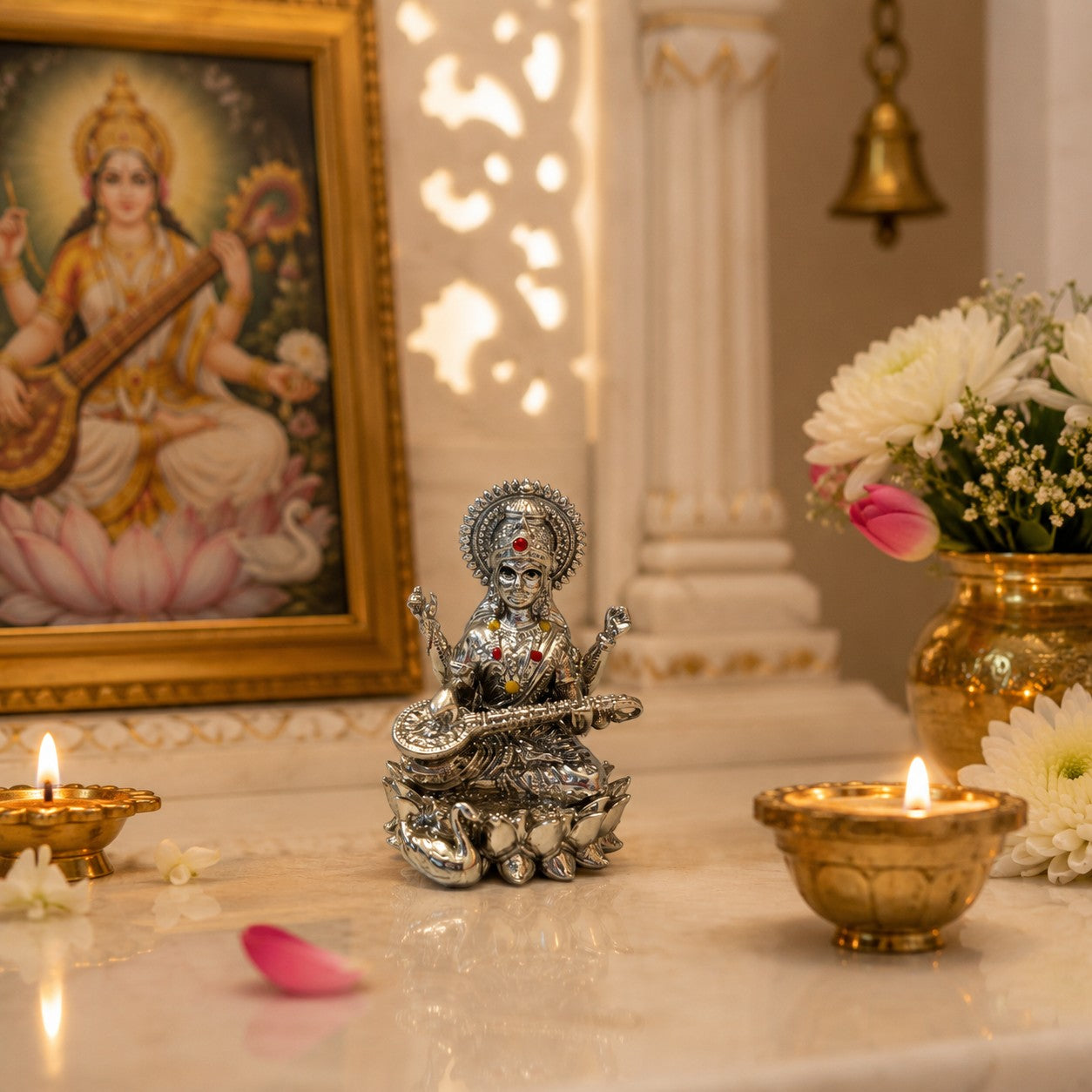 Maa Saraswati Idol | Premium Brass Idol with Silver Finish | Goddess of Knowledge & Wisdom Murti