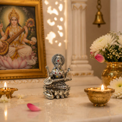 Maa Saraswati Idol | Premium Brass Idol with Silver Finish | Goddess of Knowledge & Wisdom Murti