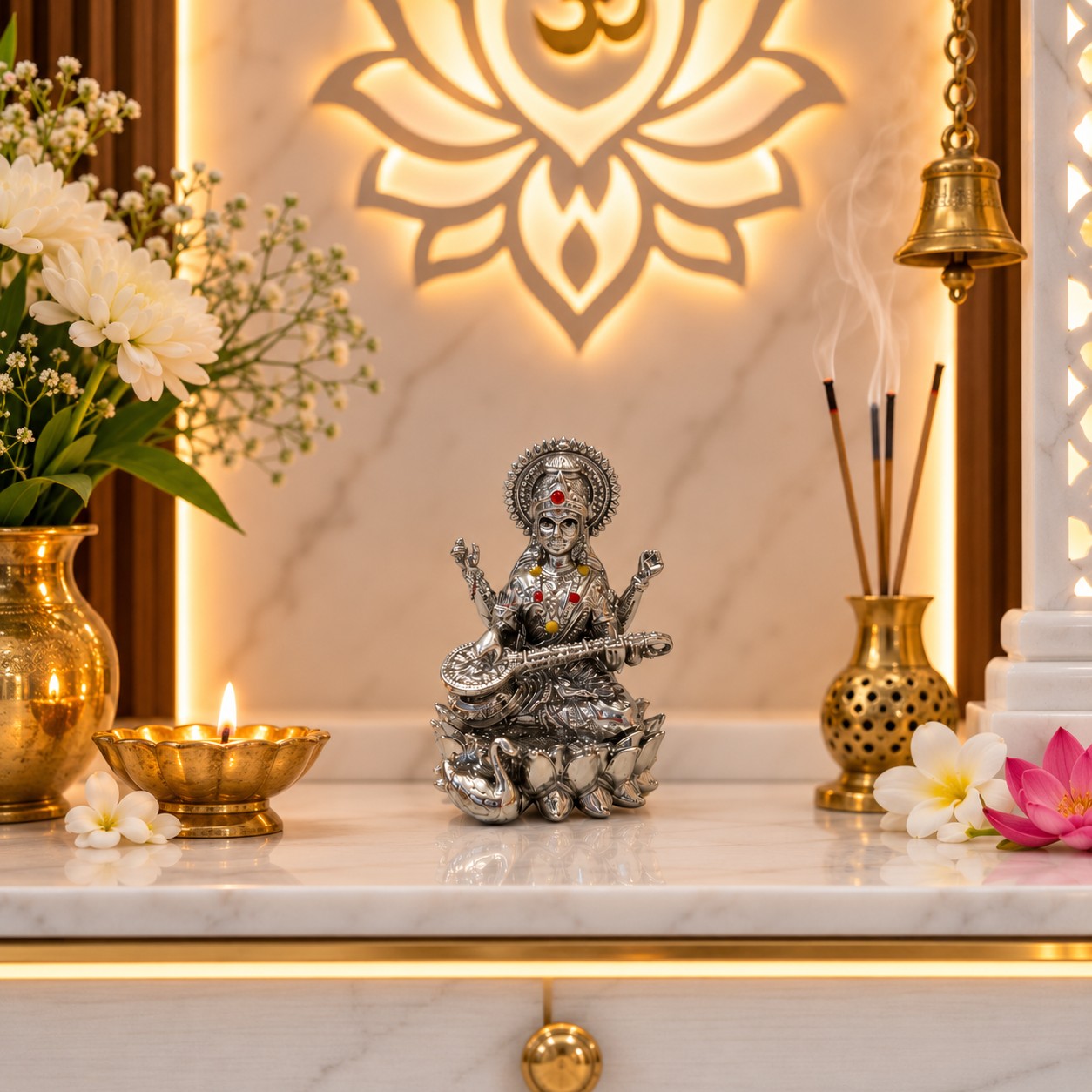Maa Saraswati Idol | Premium Brass Idol with Silver Finish | Goddess of Knowledge & Wisdom Murti