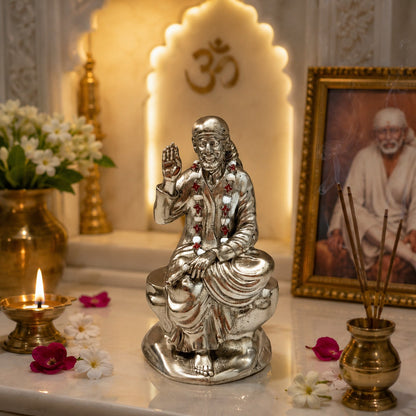 Shirdi Sai Baba Idol | Premium Brass Murti with Silver Finish | Sai Baba Statue for Home Temple