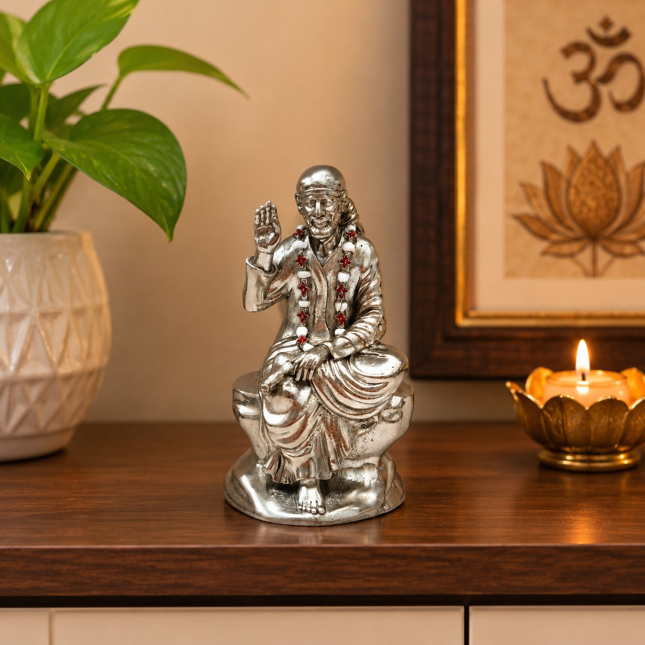 Shirdi Sai Baba Idol | Premium Brass Murti with Silver Finish | Sai Baba Statue for Home Temple