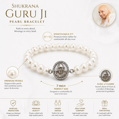 Shukrana Guru Ji Pearl Bracelet | Bade Mandir Guru Ji Brass Charm with Silver Finish