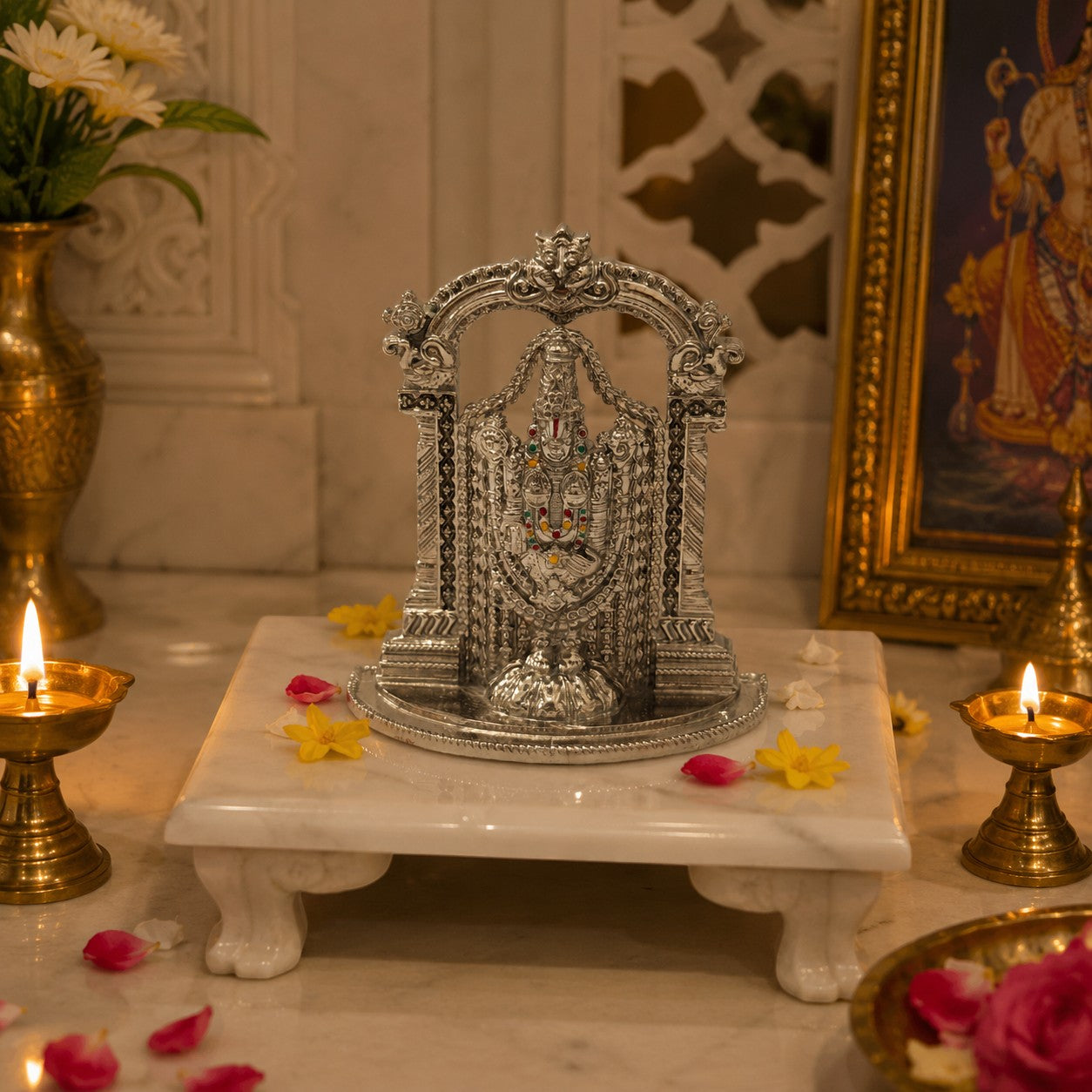 Tirupati Balaji Idol with Temple Arch | Premium Brass Murti with Silver Finish | Lord Venkateswara Statue