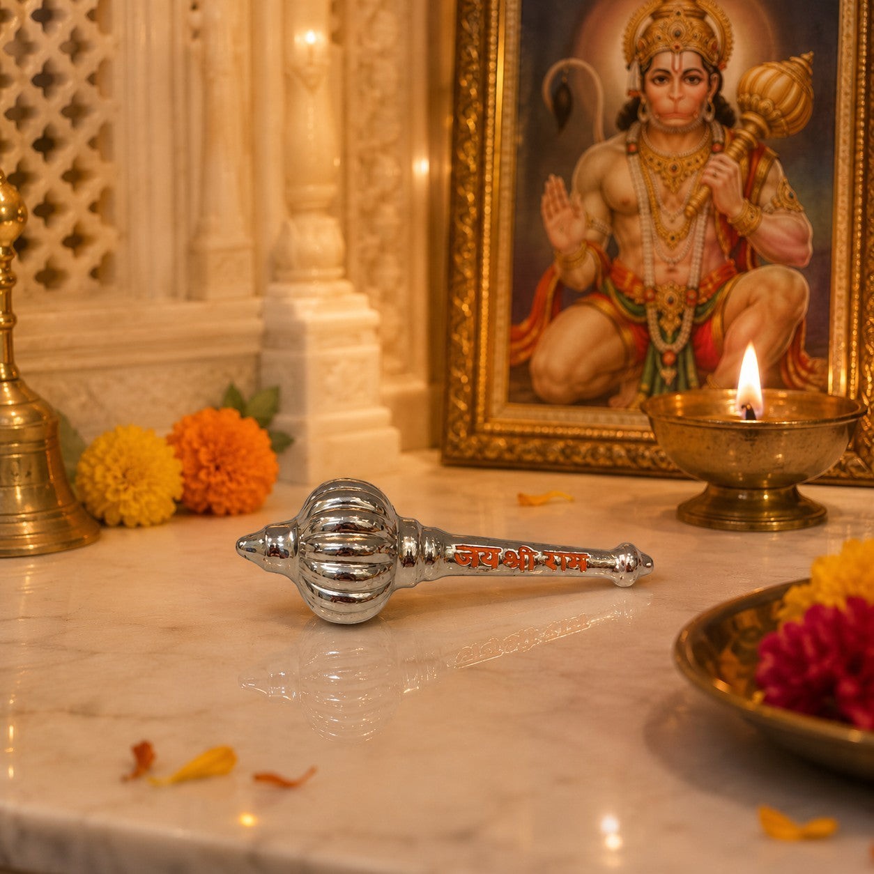 Silver Finish Brass Hanuman Gada | “Jai Shri Ram” Engraved Bajrangbali Gada for Puja & Car Dashboard