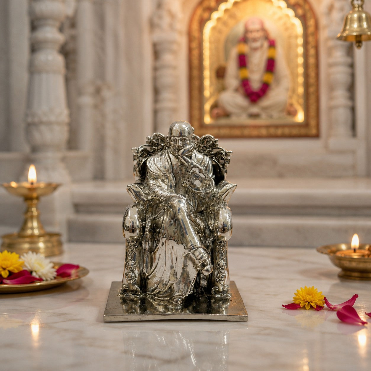 Guru Ji Bade Mandir Idol in Silver Finish | Shukrana Guruji Murti for Home, Office & Car Dashboard