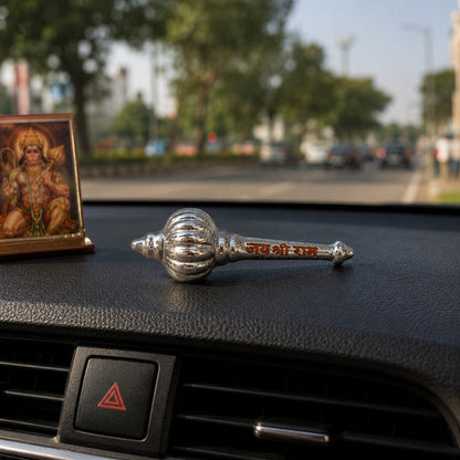 Silver Finish Brass Hanuman Gada | “Jai Shri Ram” Engraved Bajrangbali Gada for Puja & Car Dashboard