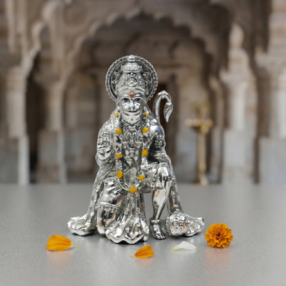Blessing Hanuman Ji Silver Finish Brass Idol | Bajrangbali Sitting Murti for Home & Office