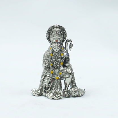 Blessing Hanuman Ji Silver Finish Brass Idol | Bajrangbali Sitting Murti for Home & Office