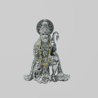 Blessing Hanuman Ji Silver Finish Brass Idol | Bajrangbali Sitting Murti for Home & Office