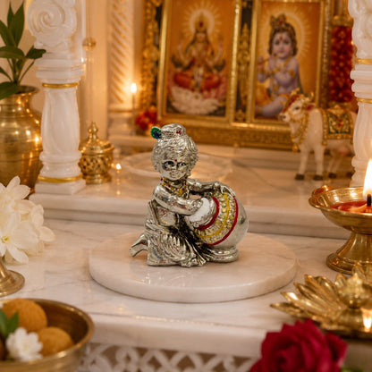 Laddu Gopal Makhan Chor Idol | Premium Brass Krishna Murti with Silver Finish