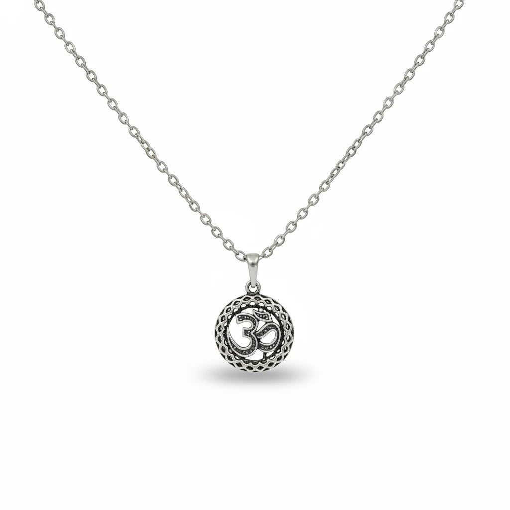 Silver Plated Brass Om Round Pendant | Sacred Aum Symbol Spiritual Locket | Religious Pendant Only